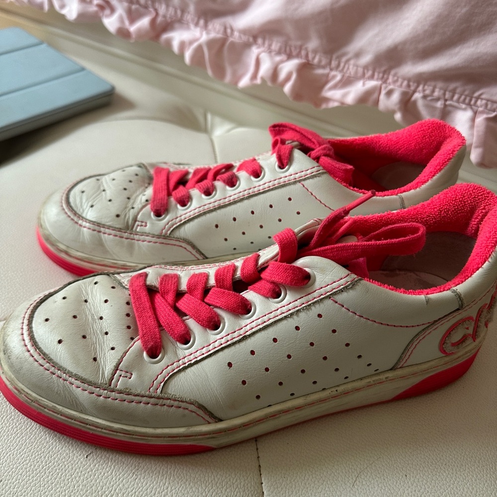 CHANEL White and Pink Sneakers with Perforated Leather